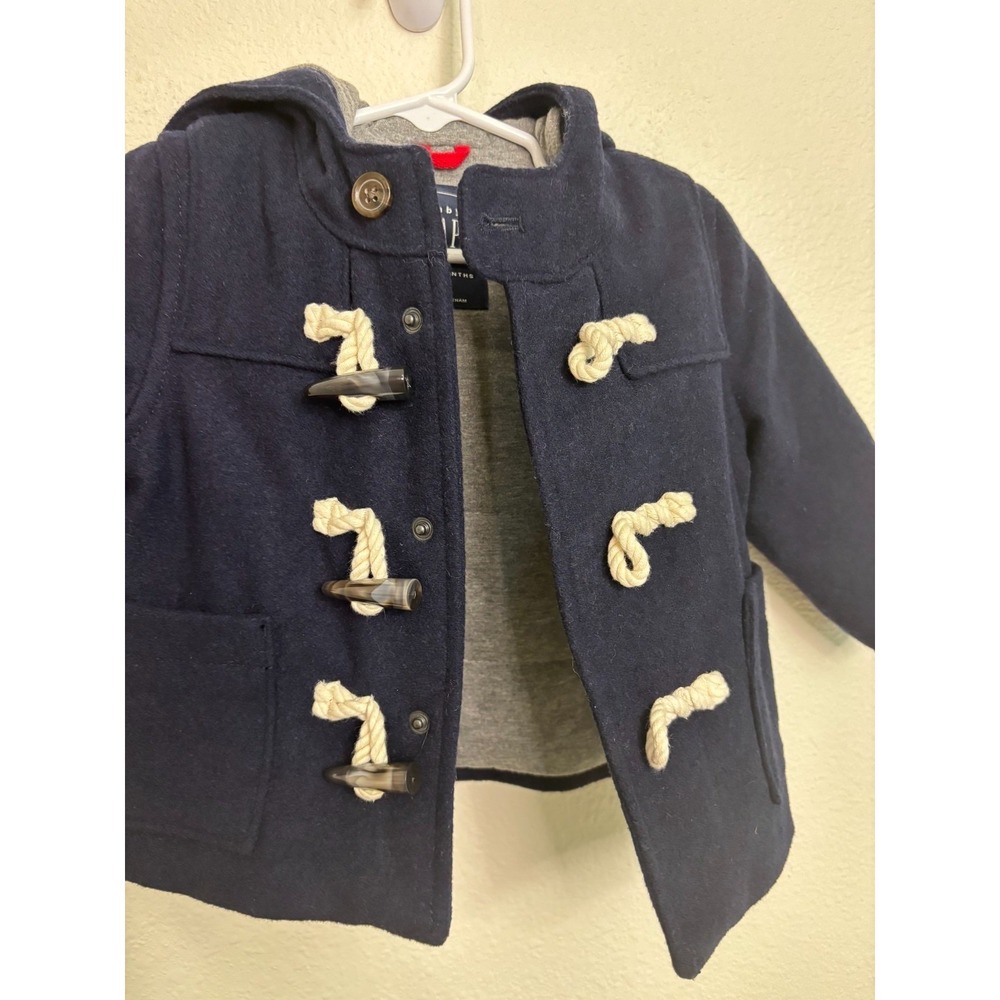 Baby Gap Girl Boy  Navy Peacoat Hood Toggle Snap  Wool Blend  12-18 mo Preppy - Picture 7 of 12